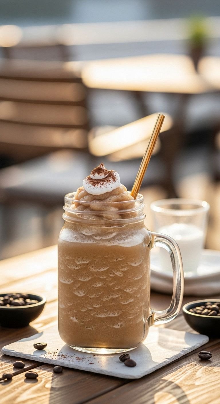 3 Easy Korean Cold Coffee Recipes To Make At Home 5 Frosty Korean coffee slushy in glass jar with whipped cream, cocoa, and straw. Rustic table, blurred patio, golden hour light.