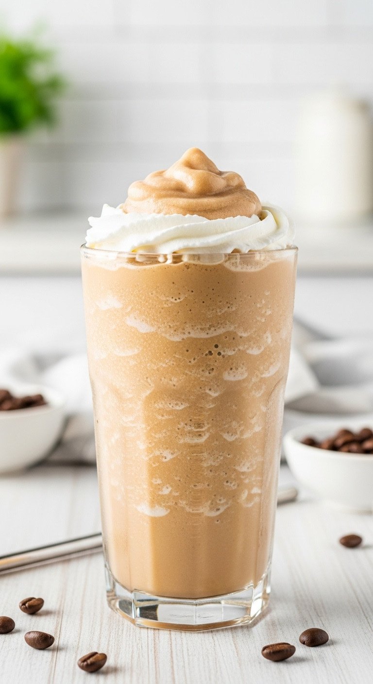 The Secret To Creamy Iced Coffee With Almond Milk That's Not Watery 9 Frosty almond milk iced coffee with dairy-free whipped cream in a tall glass on wood. Summer treat coffee recipe.