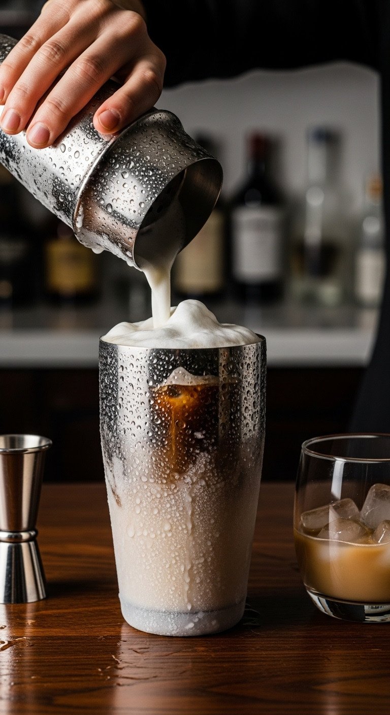 The Secret To Creamy Iced Coffee With Almond Milk That's Not Watery 11 Frosty cocktail shaker opening to reveal frothy iced almond milk latte. Dark wood bar top, home barista coffee recipe.