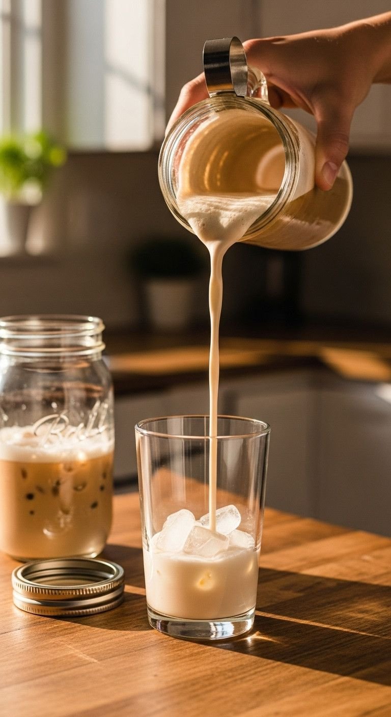 Thick Cold Coffee Secrets To End Watery Drinks Forever 9 Frothy cold coffee pouring from mason jar shaker into glass with ice, thick foam, on rustic wood counter in cozy kitchen.