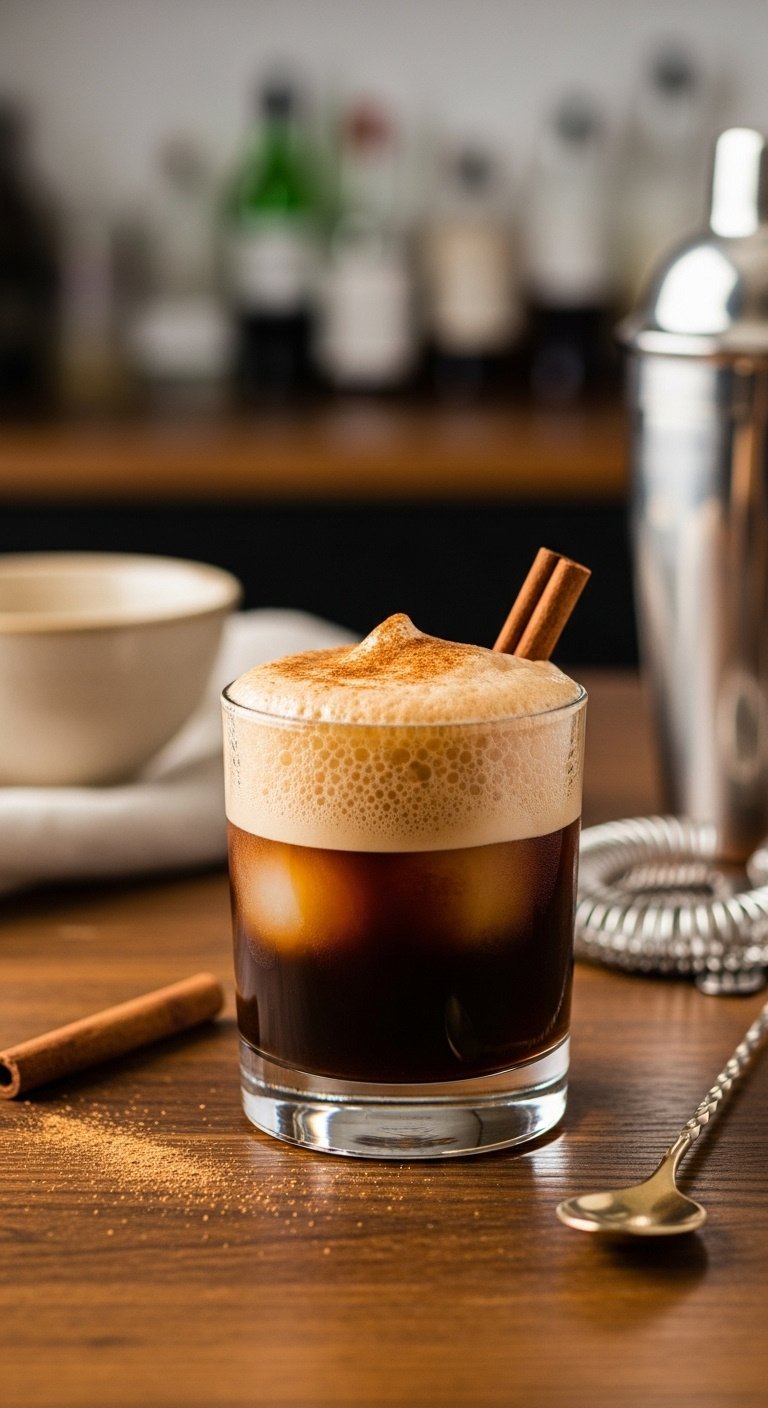 9 Effortless Cold Espresso Drinks For The Home Barista 3 Frothy iced brown sugar shaken espresso, oat milk, golden foam in highball glass, cinnamon stick, shaker on rustic wood. Coffee recipe.