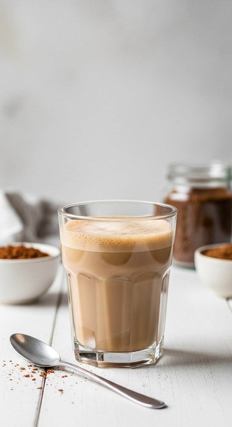 Make Rich And Creamy Cold Coffee With Ice Cream At Home 3 Frothy instant coffee shake in a clear tumbler with airy foam, spoon, instant coffee jar on white wood table. Easy recipe.