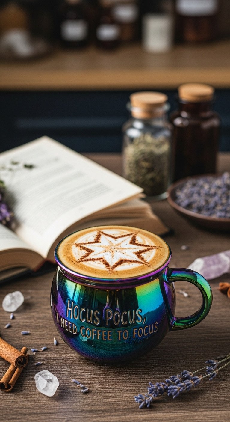Frothy latte with star cinnamon art in iridescent cauldron mug on rustic table with blurred spellbook and crystals