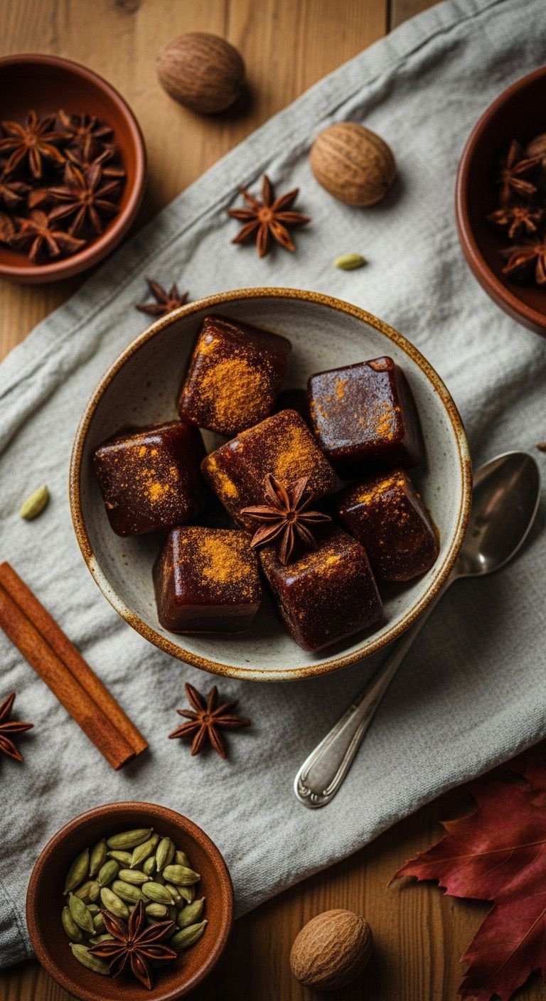 Genius Coffee Ice Cubes for Never Watery Iced Coffee 9 Frozen spiced coffee cubes in a rustic bowl, surrounded by cinnamon, star anise, and cardamom. Autumnal kitchen.