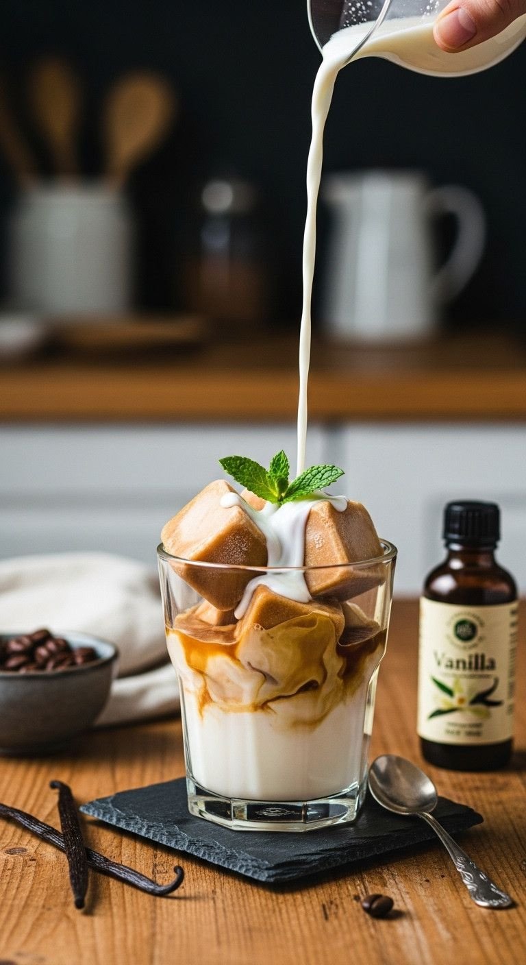 Genius Coffee Ice Cubes for Never Watery Iced Coffee 5 Frozen vanilla coffee cubes in a glass with creamy milk pouring, creating swirls, on a rustic table with a vanilla bean. Cozy cafe.