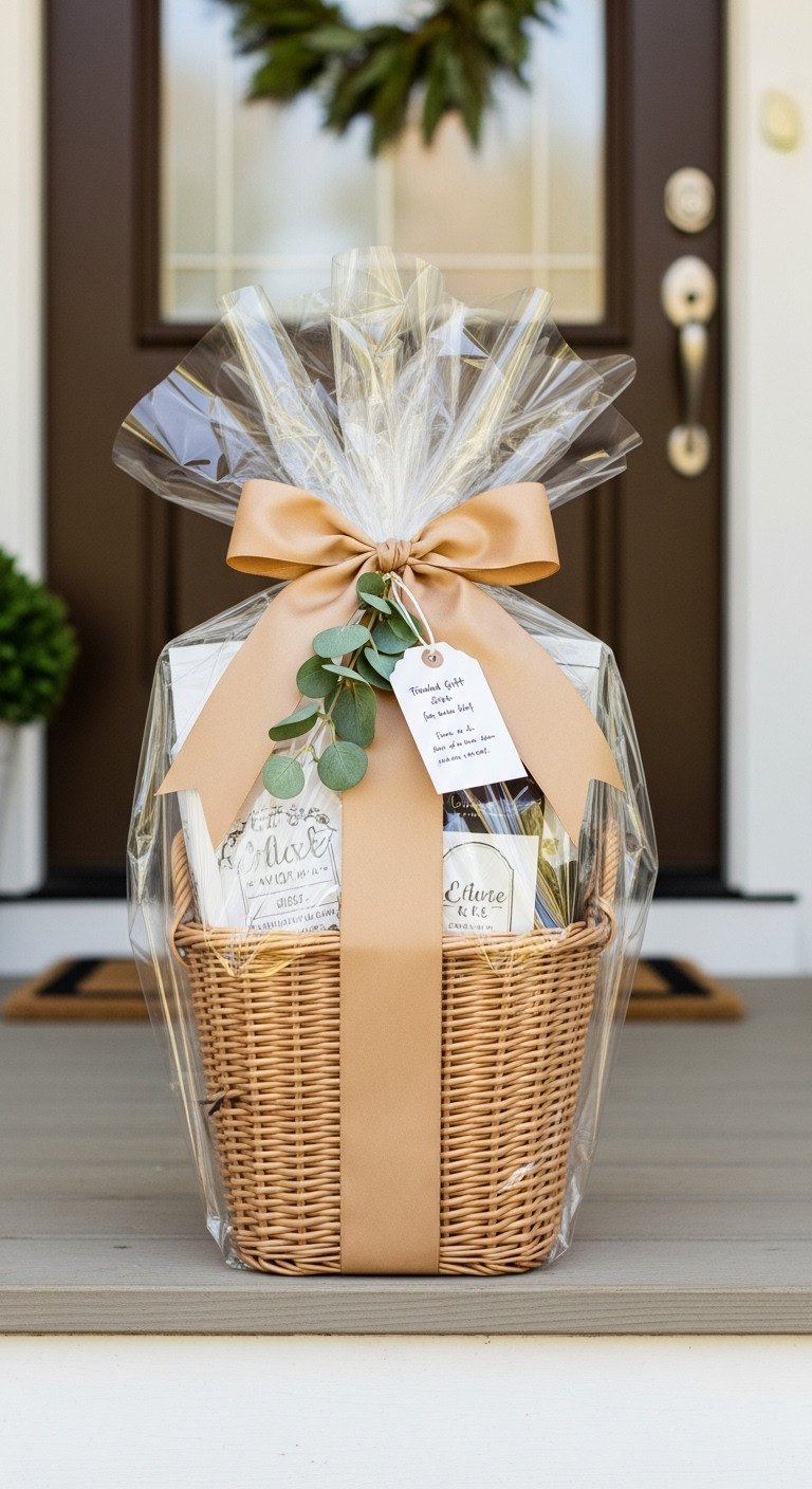 Fully assembled coffee gift basket wrapped in shrink wrap with a satin ribbon bow, gift tag, and eucalyptus sprig