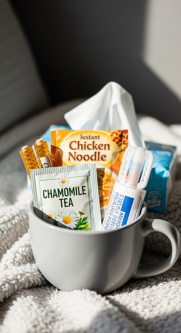 9 Creative Coffee Mug Gift Basket Ideas Anyone Can Make 9 Get well soon hug in a mug gift with chamomile tea soup honey sticks and tissues on a fluffy blanket