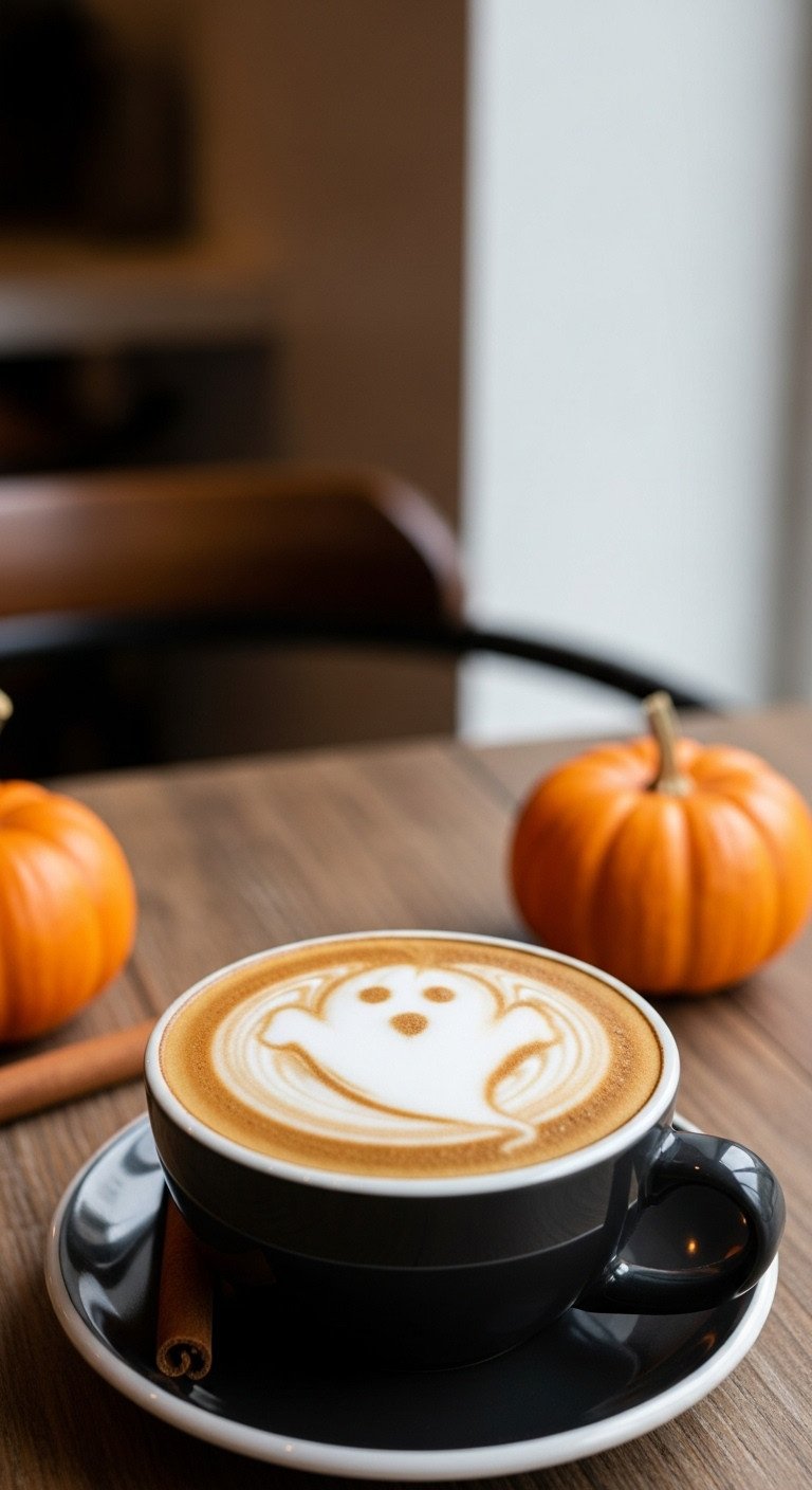 Ghost Halloween latte art in a dark ceramic mug on a rustic wooden table with pumpkin and cinnamon stick