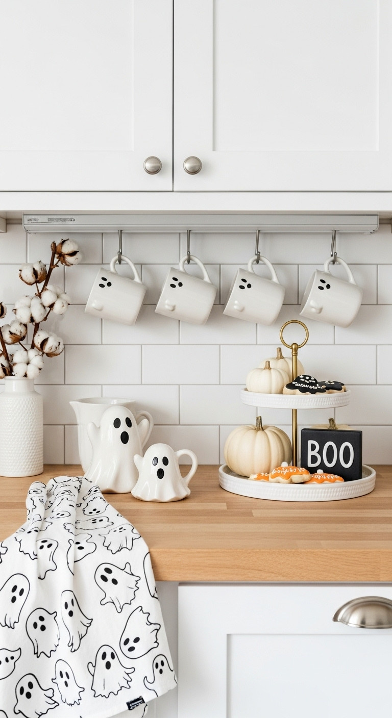 Ghostly Gathering Halloween coffee corner with white ghost mugs tiered tray mini pumpkins Boo sign sugar cookies light wood countertop