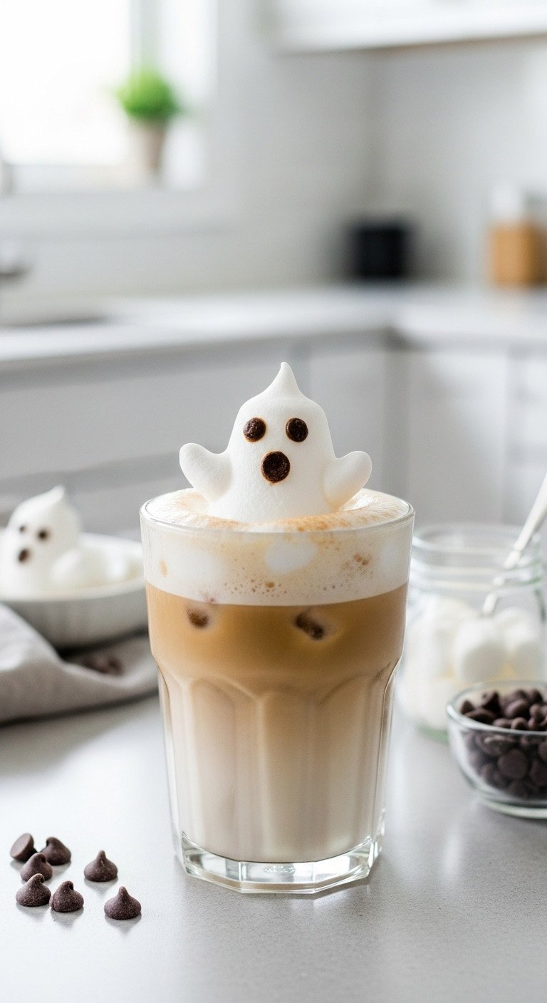 Ghostly Vanilla Iced Latte in a clear glass with marshmallow fluff ghost shapes and chocolate chip eyes on a light gray countertop