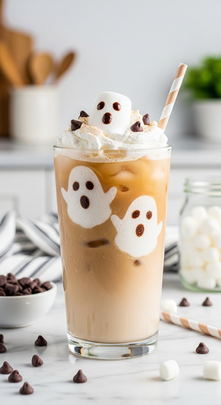 Ghostly Vanilla Iced Latte with marshmallow ghost faces and chocolate chip eyes on a white marble countertop with mini chocolate chips and marshmallow fluff