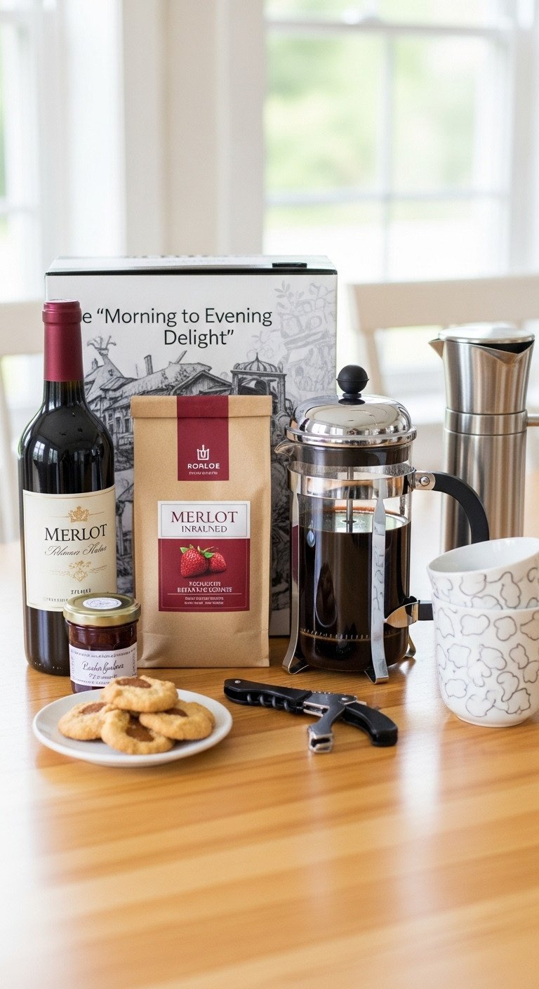 Gift basket with Merlot Merlot infused coffee French press coffee mugs and wine opener set on a light wood table
