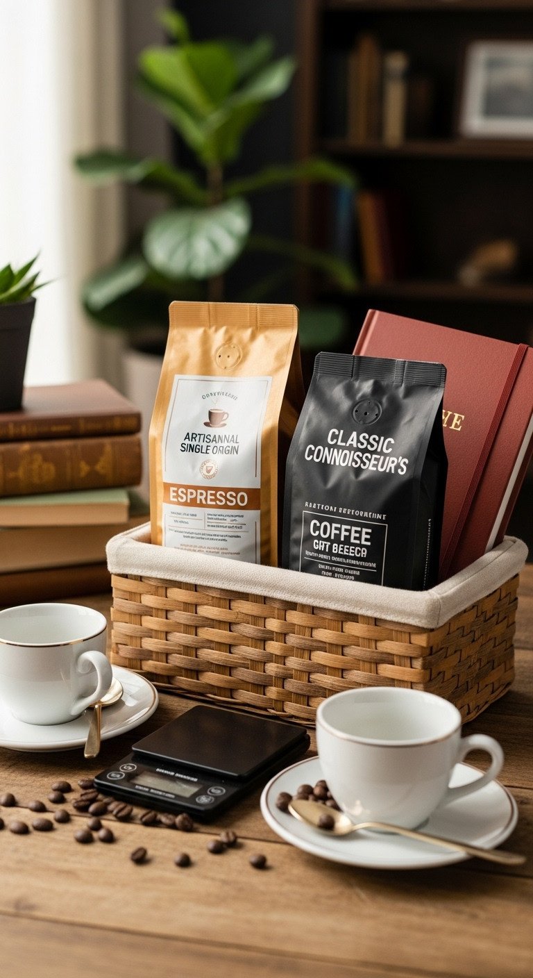 Gift basket with artisanal single origin espresso beans porcelain espresso cups digital coffee scale and coffee journal on a rustic table