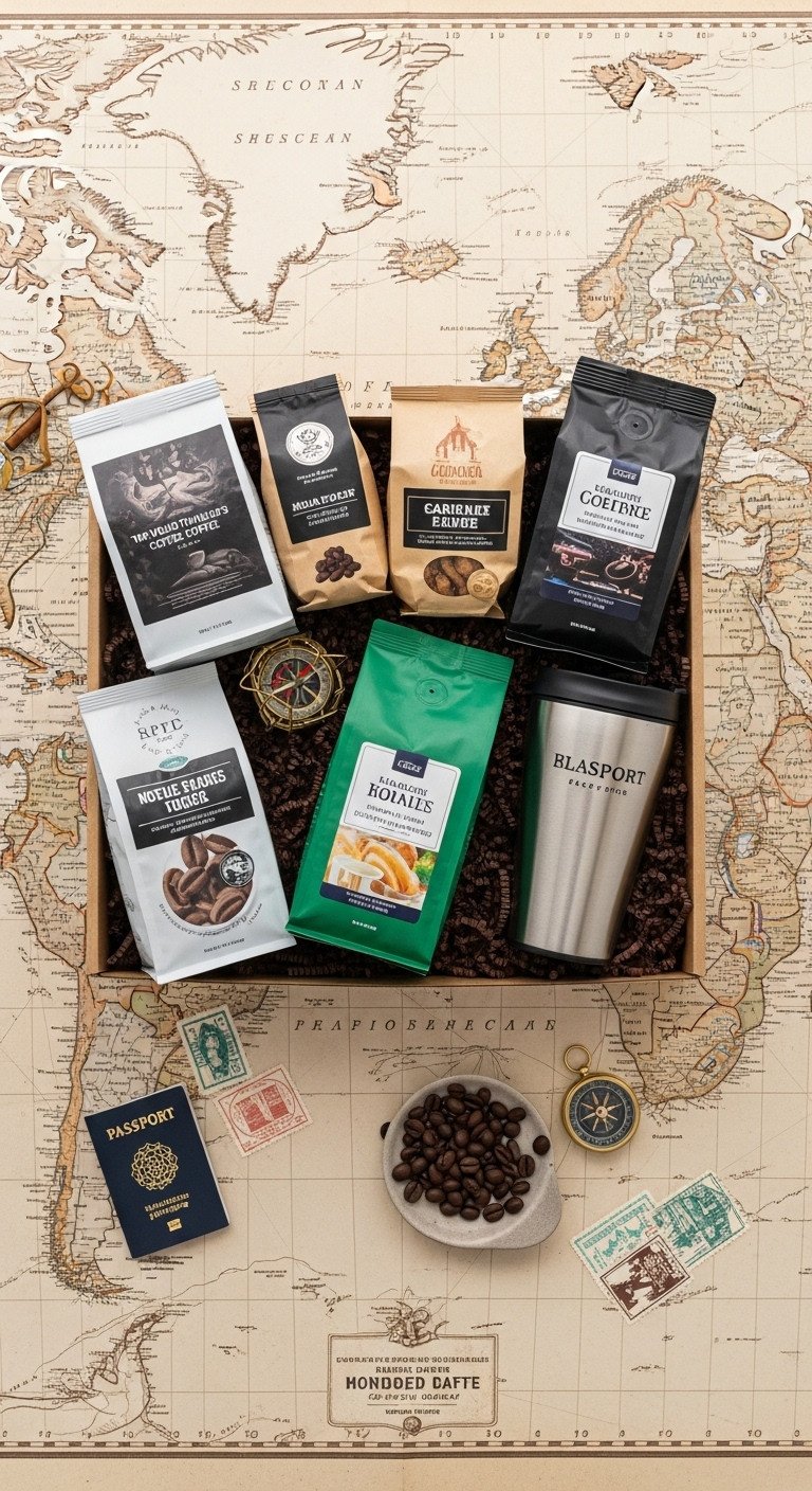 Gift box with coffee bags from different countries a travel mug and gourmet snacks on a vintage world map with passport stamps and compass