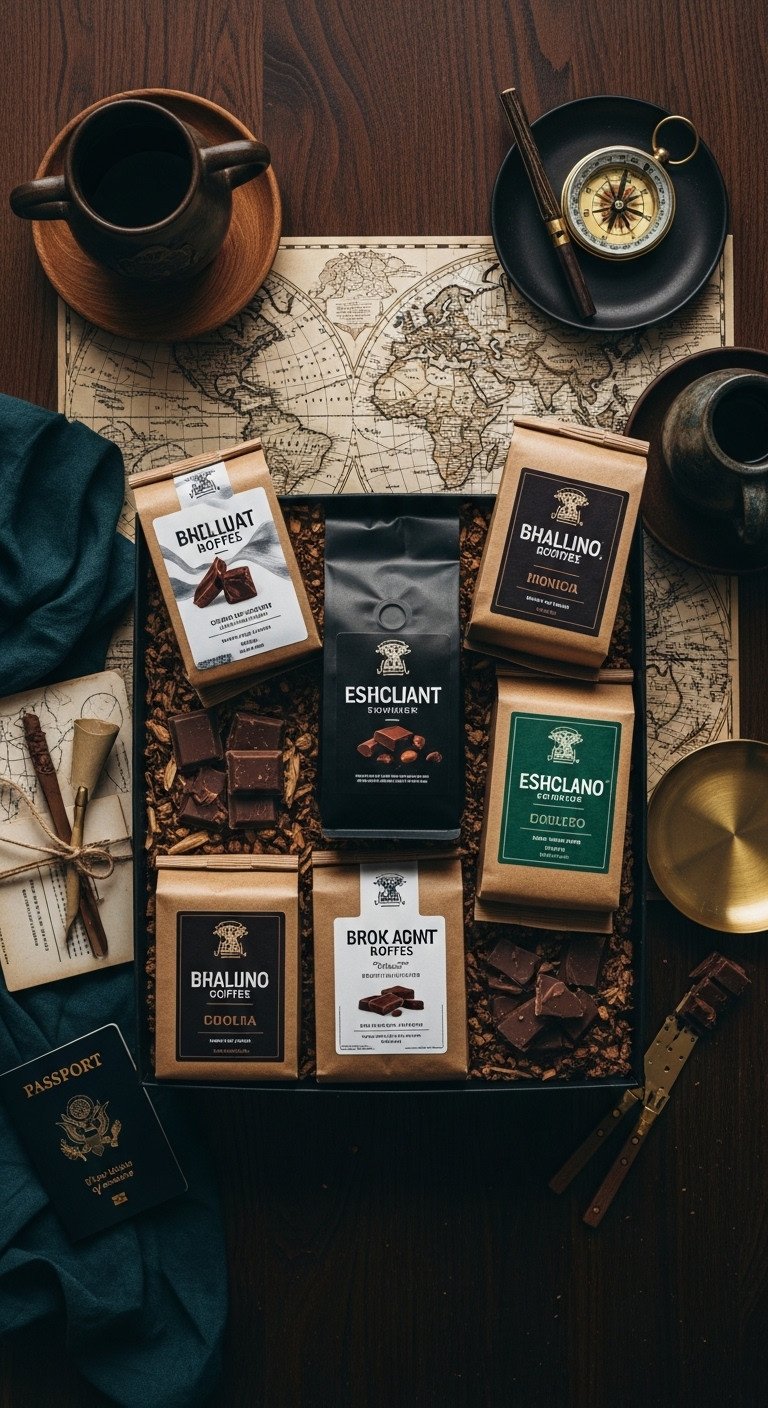 Gift box with small bags of coffee and chocolate bars from different countries arranged around a world map with passport and compass