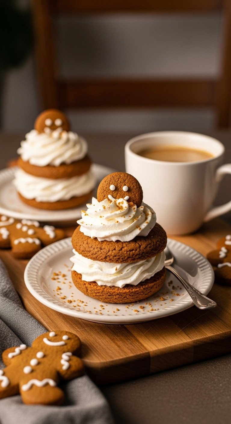 Gingerbread man cookie "hugging" the rim of a steaming coffee mug on a wooden cutting board with other gingerbread cookies