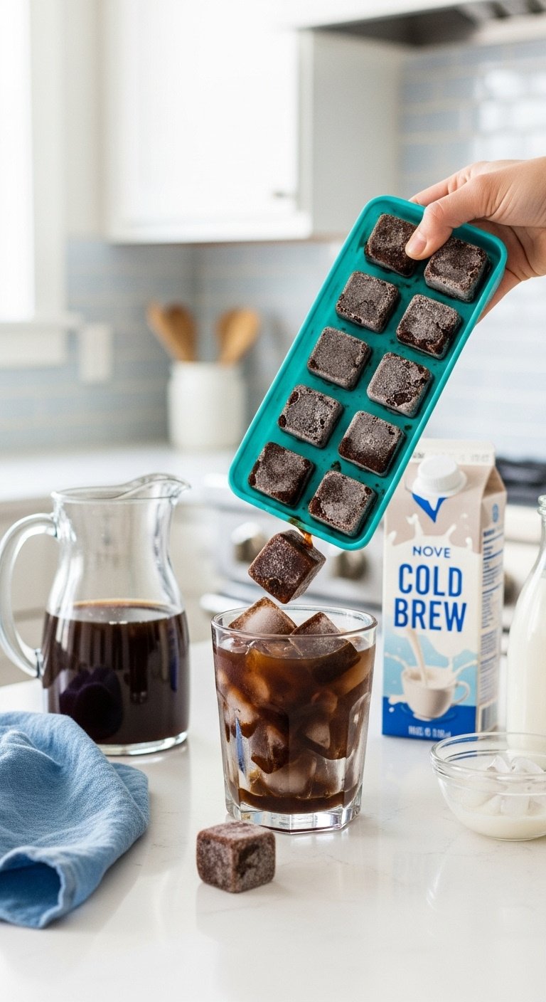 The Perfect Iced Coffee Recipe That Never Gets Watery 11 Glass being filled with dark coffee ice cubes from silicone tray, cold brew pitcher, milk on kitchen counter.