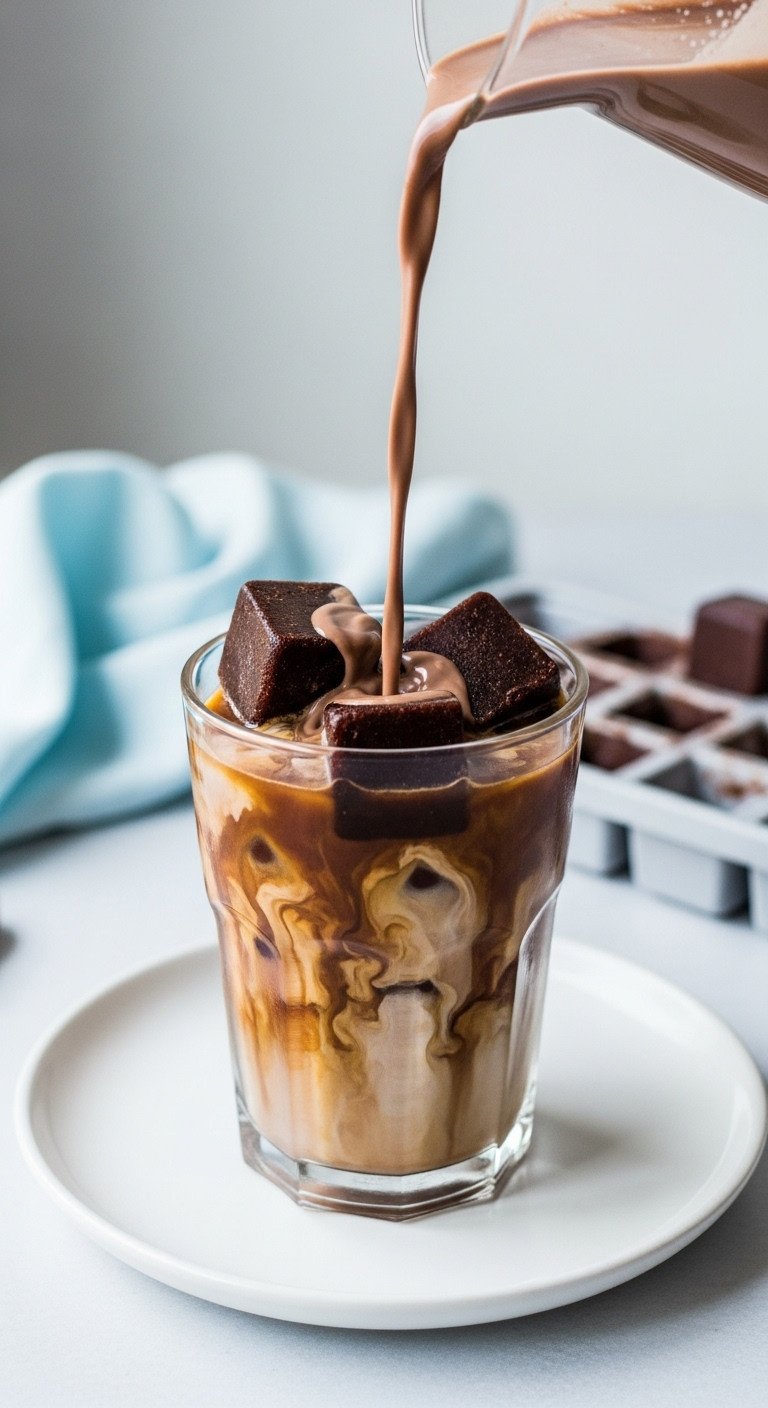 Glass of iced coffee with coffee ice cubes and dark chocolate almond milk pouring in on white plate