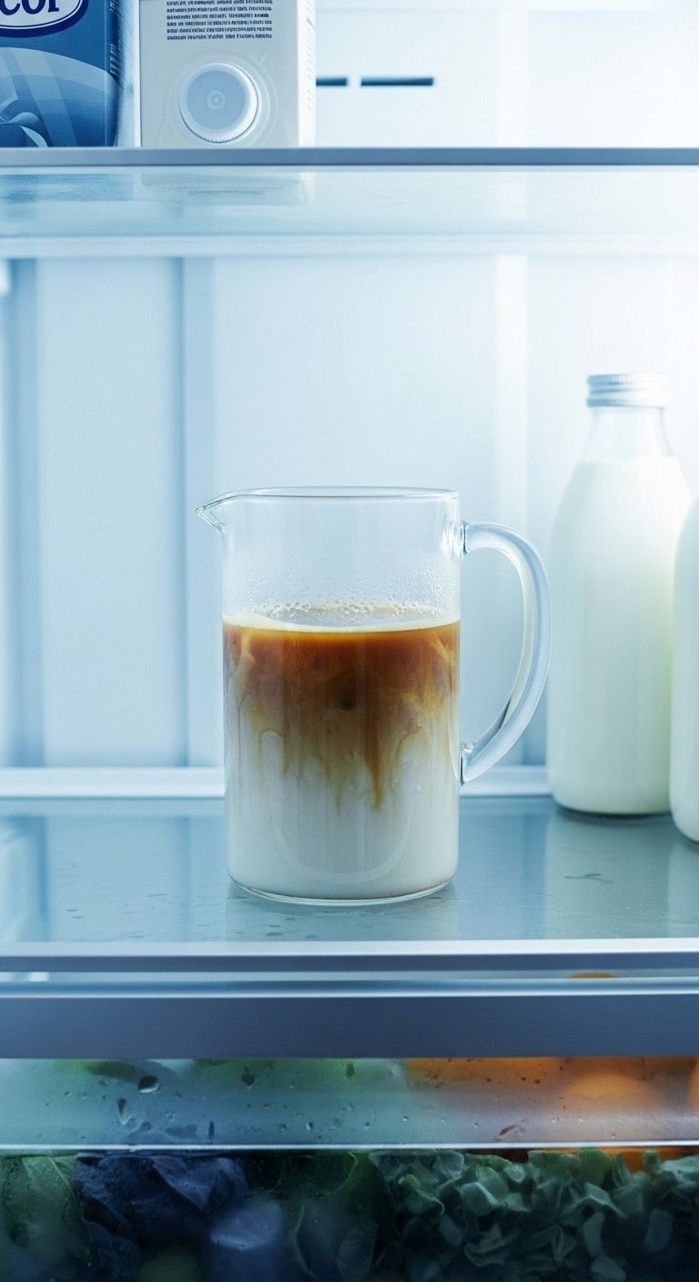 The Foolproof Recipe For Cold Coffee With Condensed Milk 7 Glass pitcher of creamy light-brown coffee mixture with condensation chills inside a modern, organized refrigerator.