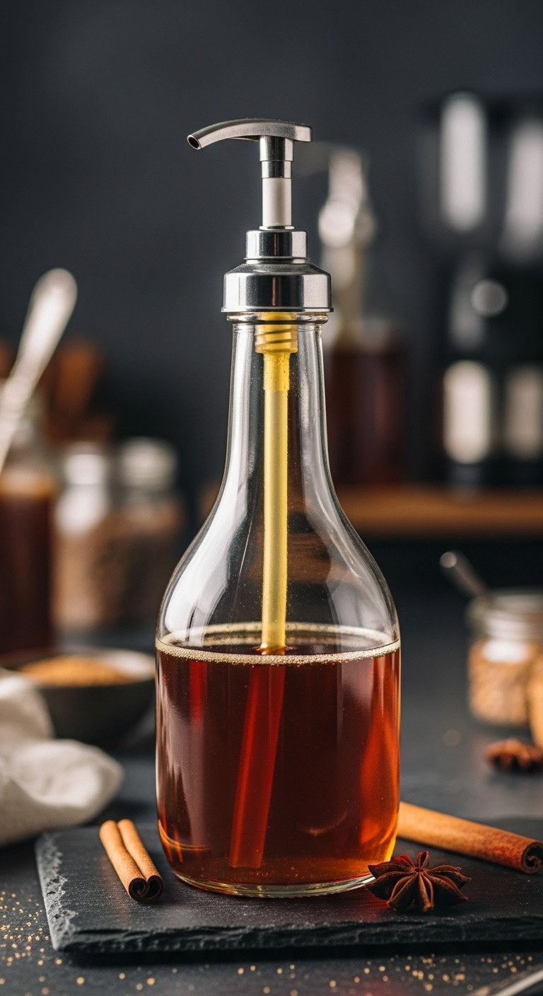 The Secret To Creamy Iced Coffee With Almond Milk That's Not Watery 5 Glass pump dispenser with amber brown sugar syrup on dark slate. Cinnamon, star anise for homemade coffee bar drinks.