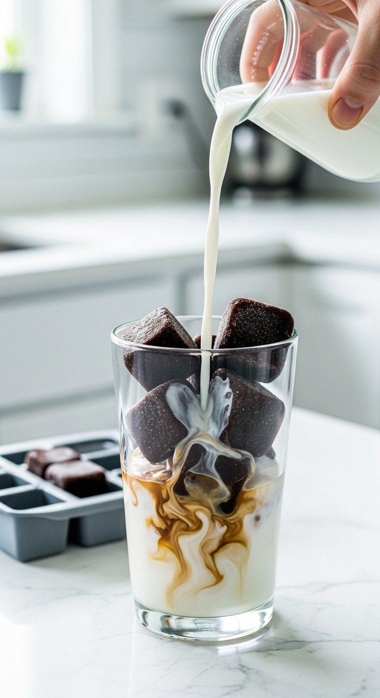 9 Delicious Healthy Iced Coffee Recipes To Make At Home 13 Glass with dark coffee ice cubes as milk pours, silicone tray nearby. Refreshing, practical coffee hack.