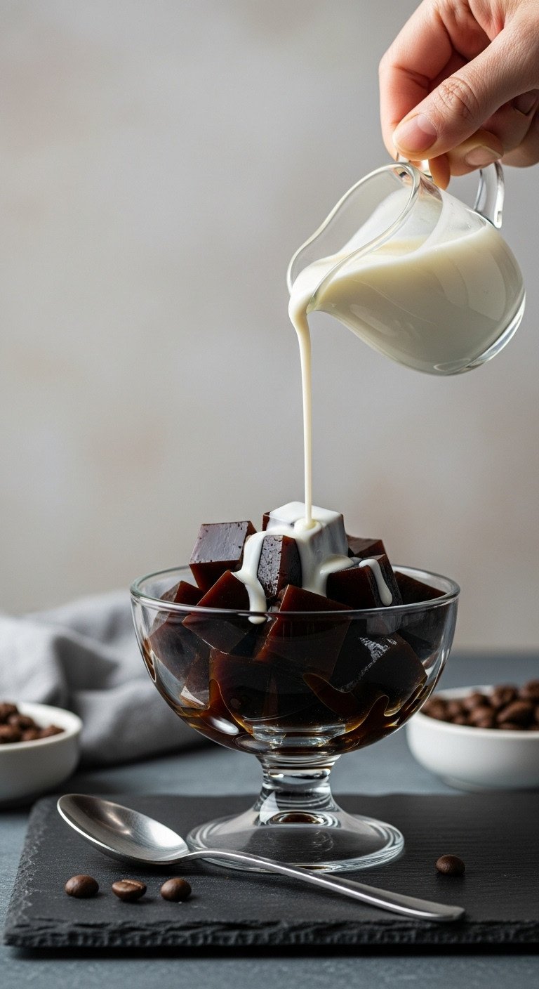 A Perfect No Fail Coffee Jelly Recipe For Beginners 13 Glistening coffee jelly cubes in a glass dessert bowl with white cream pouring, on dark slate with coffee beans.