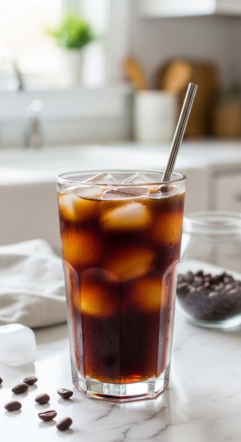 13 Genius Ninja Coffee Recipes For Hot Cold Brew And Tea 1 Glistening iced coffee glass with clear ice, dark brew, silver straw on marble. Refreshing summer coffee drink recipe.