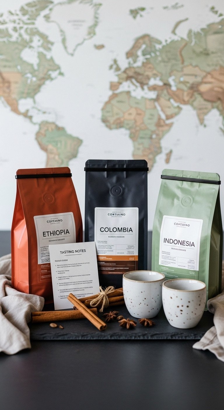 Global coffee journey basket with single-origin coffee bags tasting cups and tasting notes on slate with world map background