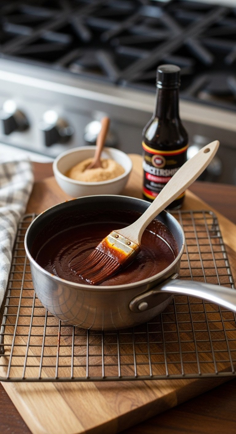 Glossy homemade BBQ sauce with a silicone brush in a saucepan on a cooling rack and wooden board.