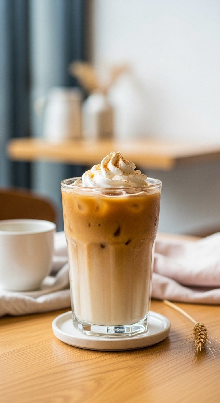 Golden-brown Iced Blonde Pumpkin Latte, whipped cream, pumpkin spice. Clear glass, light wood table, minimalist cafe. Fall custom drink.