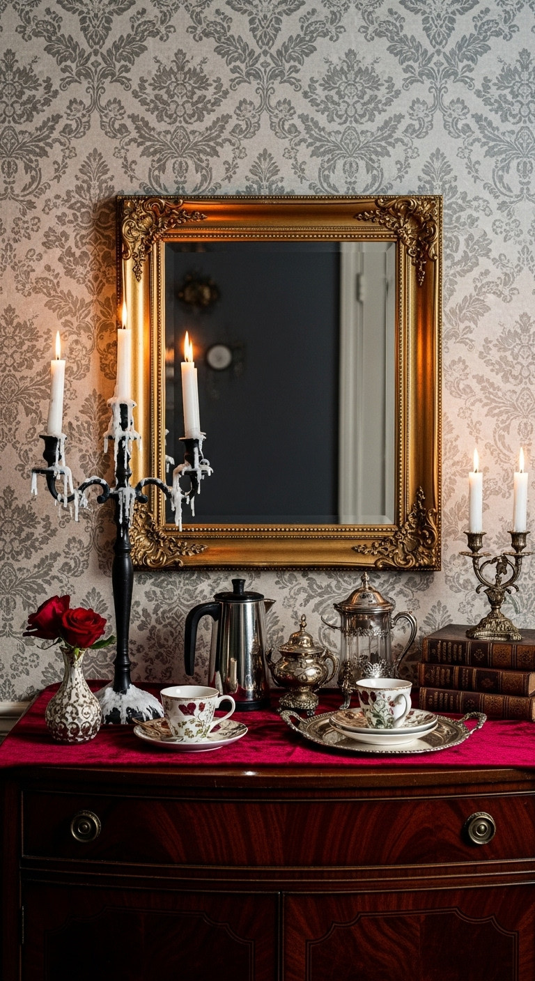 Gothic Victorian Elixir Bar vintage Halloween coffee bar with candelabra ornate mirror deep red velvet runner and antique books