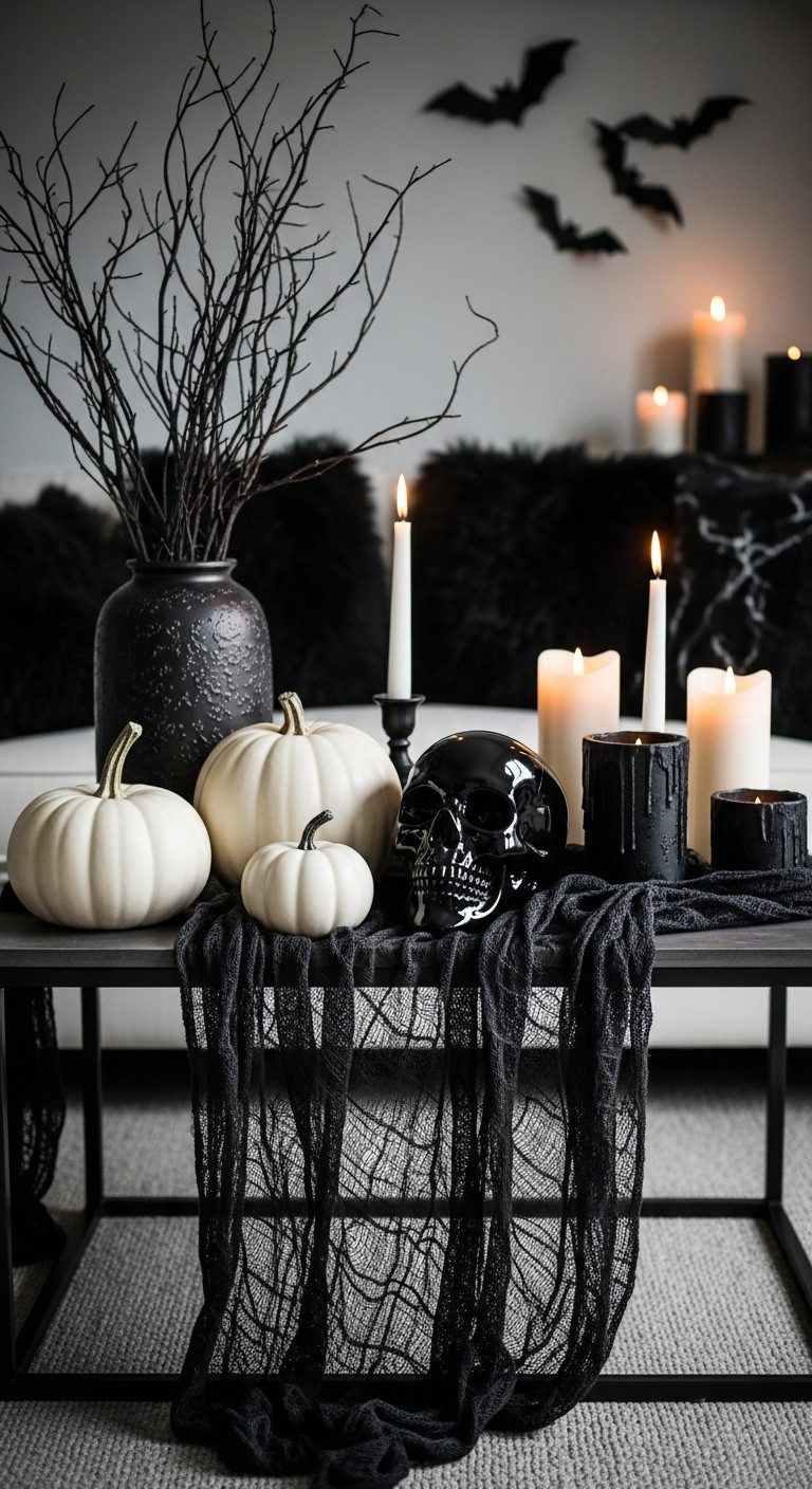 Gothic coffee table with tattered black cloth, matte white pumpkins, and a glossy black skull for a monochrome Halloween mood