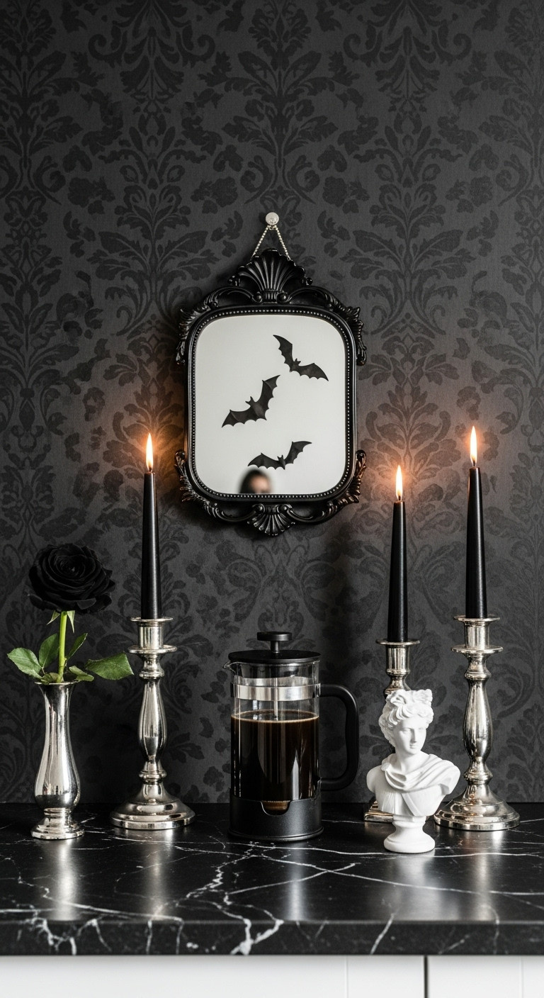 Gothic elegance Halloween coffee corner with black framed mirror black taper candles silver candlesticks French press classical bust black rose bat decals