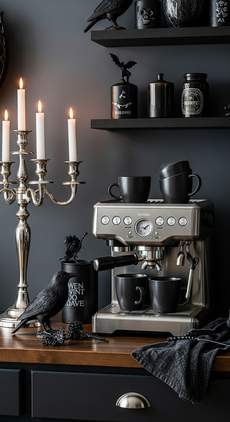 Gothic elegance Halloween home coffee bar with dark wood countertop charcoal wall raven figurine candelabra and vintage espresso machine