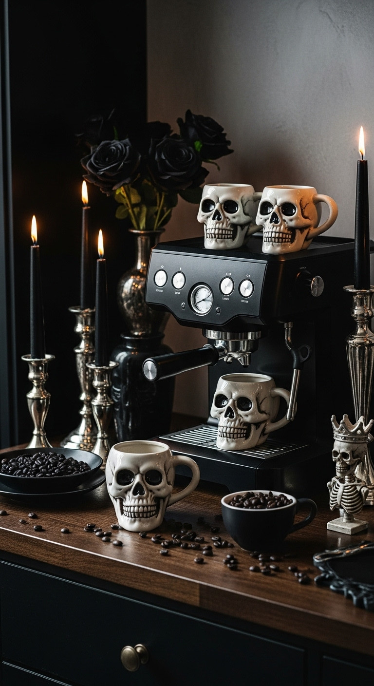 Gothic elegant Halloween coffee bar with black espresso machine skull mugs taper candles and a skeleton bust on a dark wood countertop