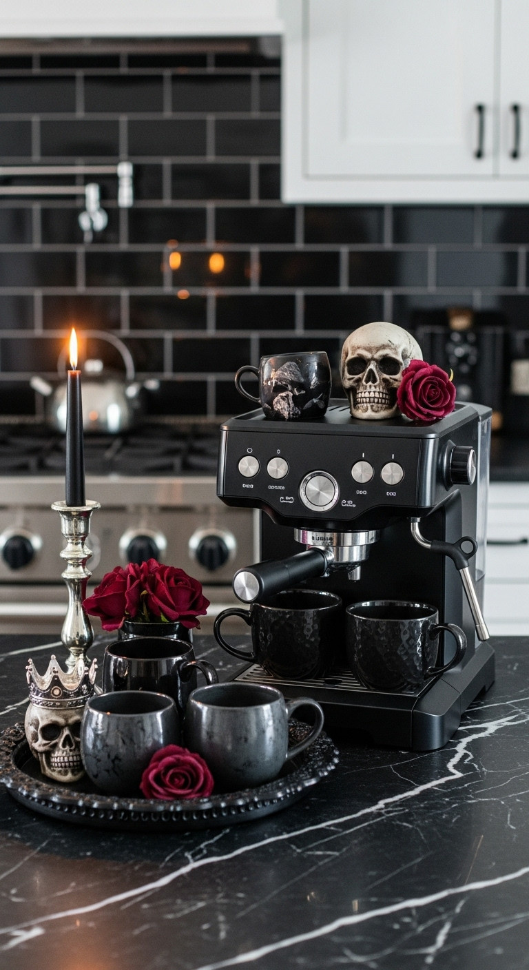 Gothic elegant Halloween kitchen coffee bar setup with black espresso machine dark mugs ornate tray skull candle and faux roses
