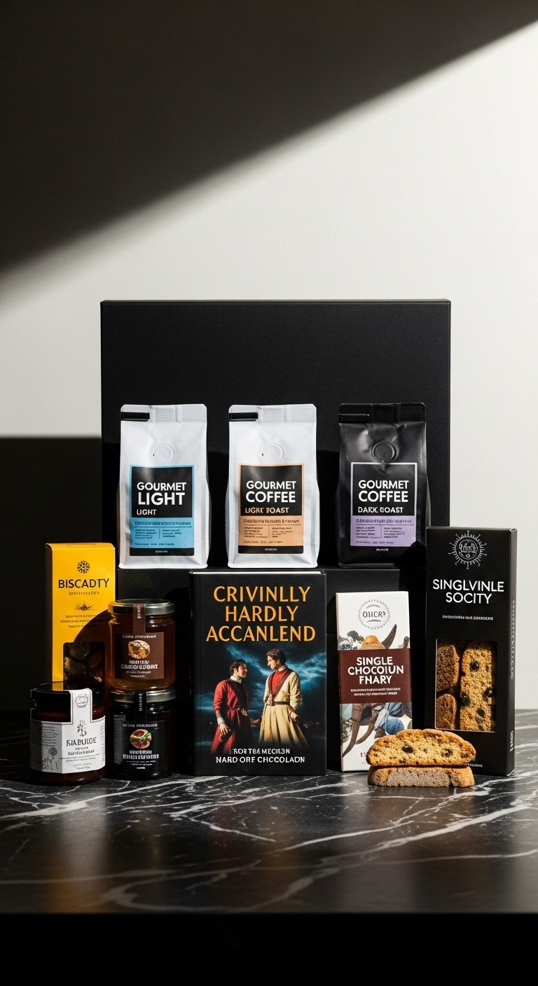 Gourmet Coffee and Literary Treats Basket with three coffee roasts organic honey artisanal jam biscotti dark chocolate and hardcover novel in a black gift box on marble countertop