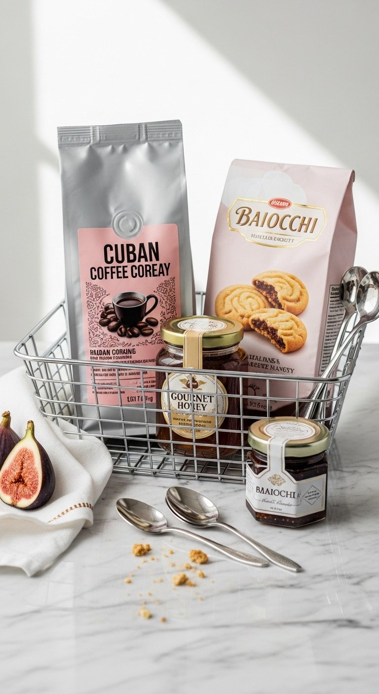 Gourmet Cuban coffee break gift basket with artisan coffee honey Baiocchi cookies fig jam and demitasse spoons