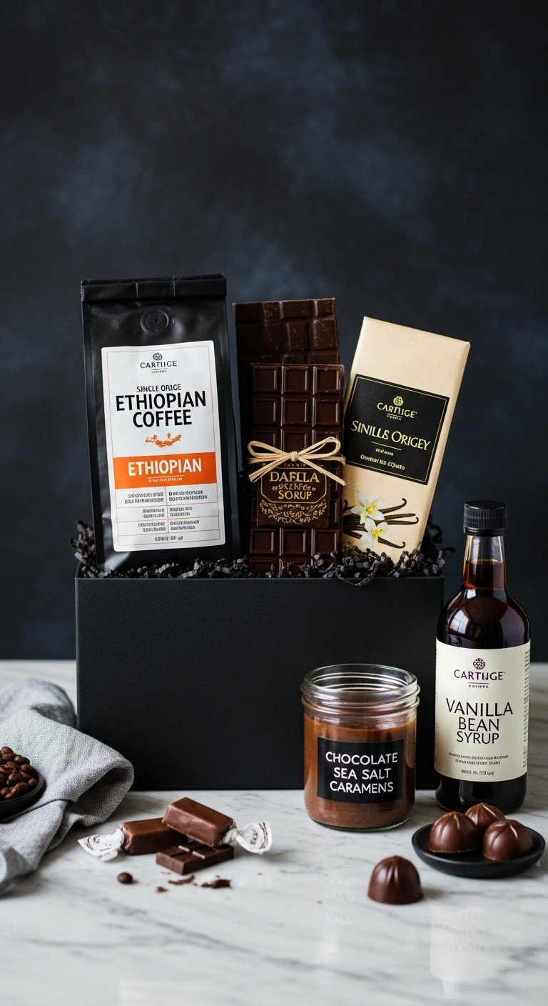 Gourmet Indulgence Basket with Ethiopian coffee dark chocolate bars sea salt caramels and vanilla bean syrup in a black gift box on a marble countertop