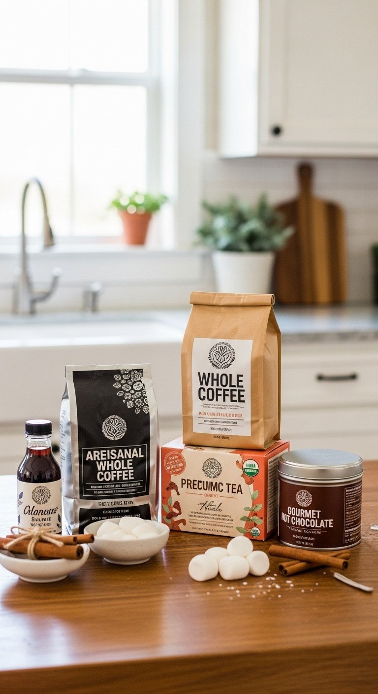 Gourmet beverage gift basket with artisanal coffee premium tea hot chocolate mix syrup marshmallows and cinnamon sticks