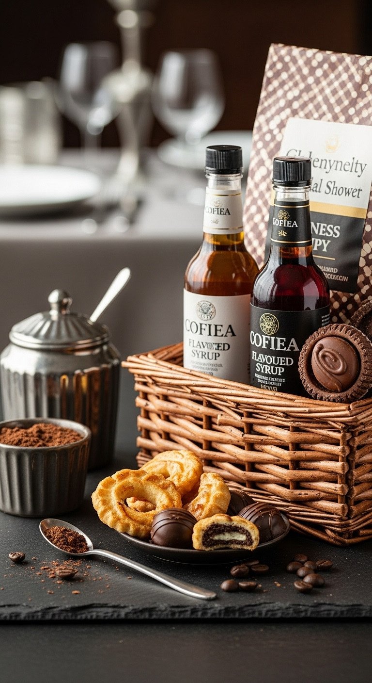 Gourmet coffee and treats basket with specialty beans flavored syrups chocolates and pastries on a dark slate surface