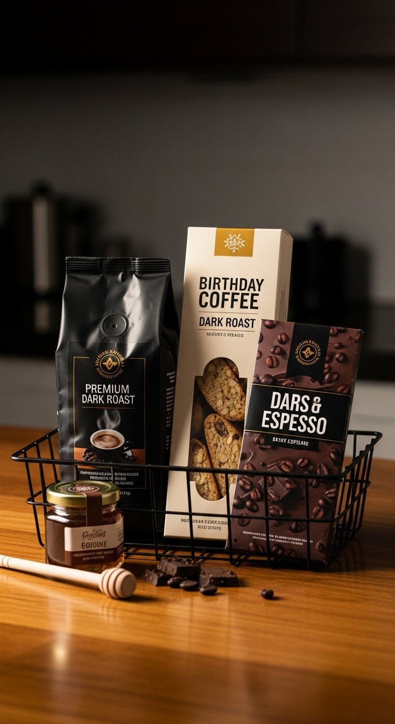Gourmet coffee and treats birthday gift basket with dark roast coffee biscotti chocolate espresso and honey in a metal basket