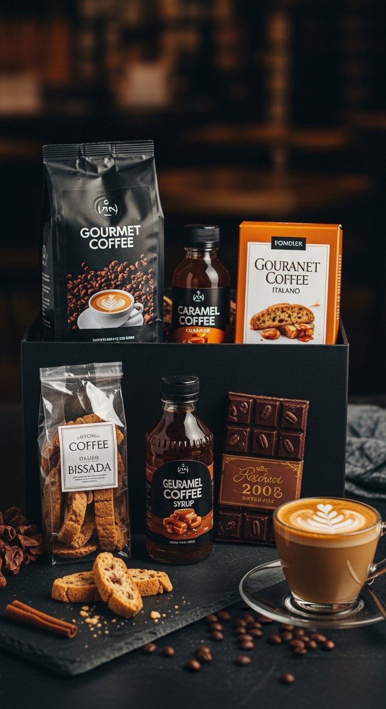 Gourmet coffee and treats gift basket with coffee caramel syrup biscotti and dark chocolate on dark slate surface