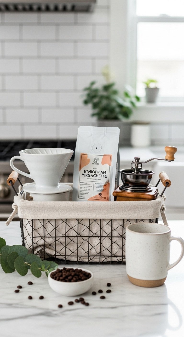 Gourmet coffee connoisseur Easter basket with pour-over dripper single-origin beans burr grinder and ceramic mug on marble counter