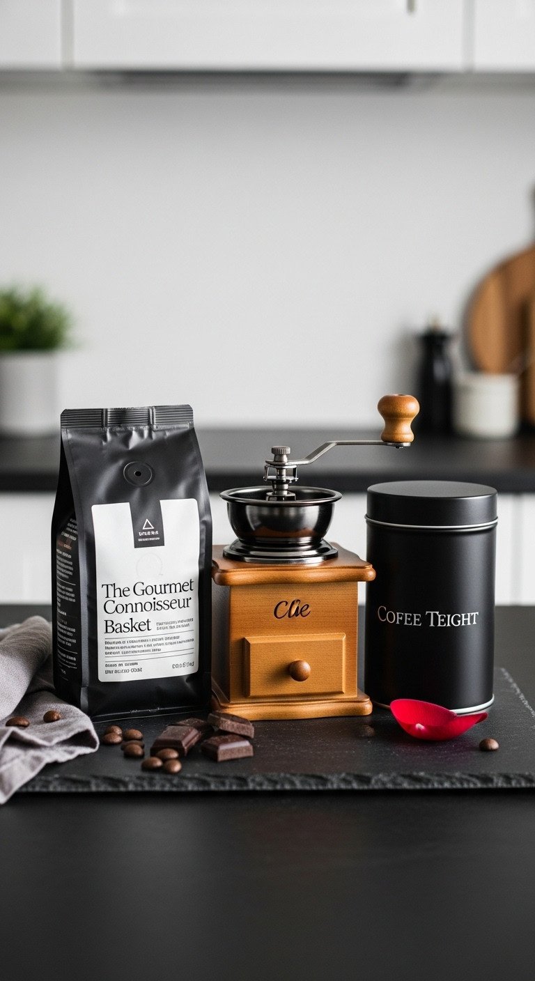 Gourmet coffee connoisseur Valentine's Day gift basket with single-origin beans manual grinder and storage canister on slate