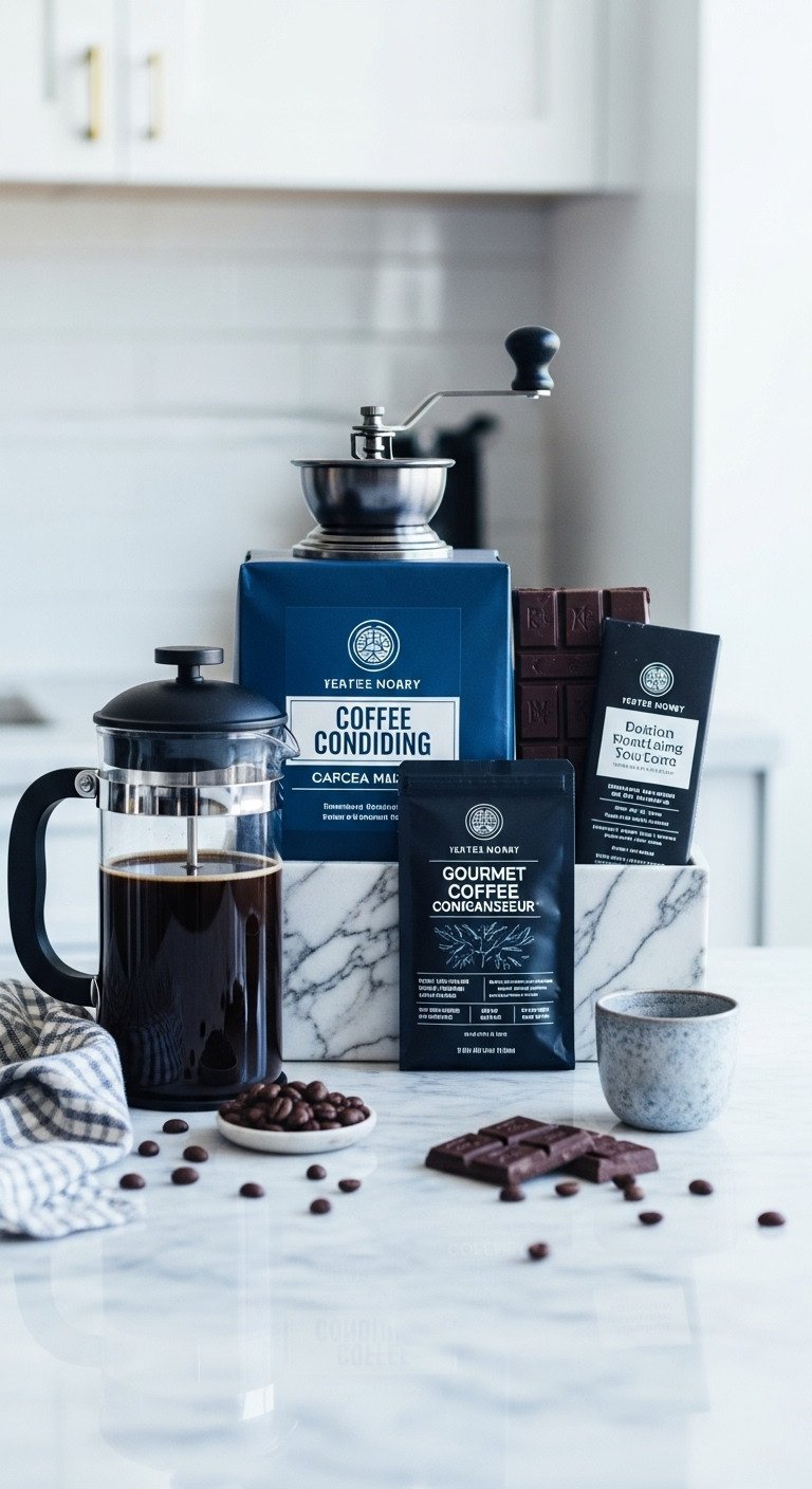 Gourmet coffee connoisseur basket with grinder French press whole beans and dark chocolate bars on marble in minimalist room