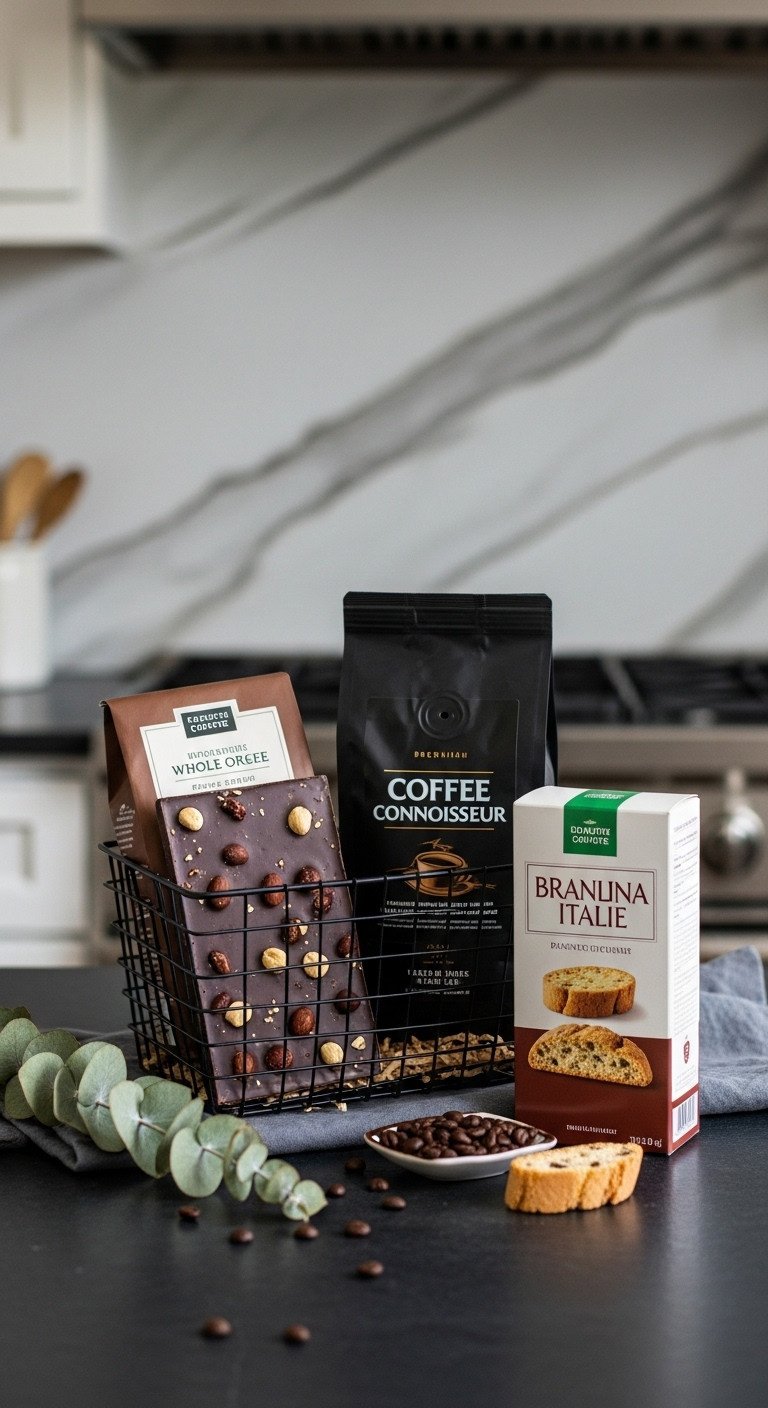 Gourmet coffee connoisseur housewarming gift basket with single-origin coffee artisanal chocolate and Italian biscotti on slate