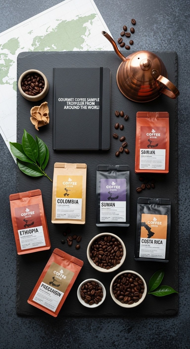 Gourmet coffee sampler gift set with single origin coffee bags tasting journal copper kettle and various roasted beans flat lay