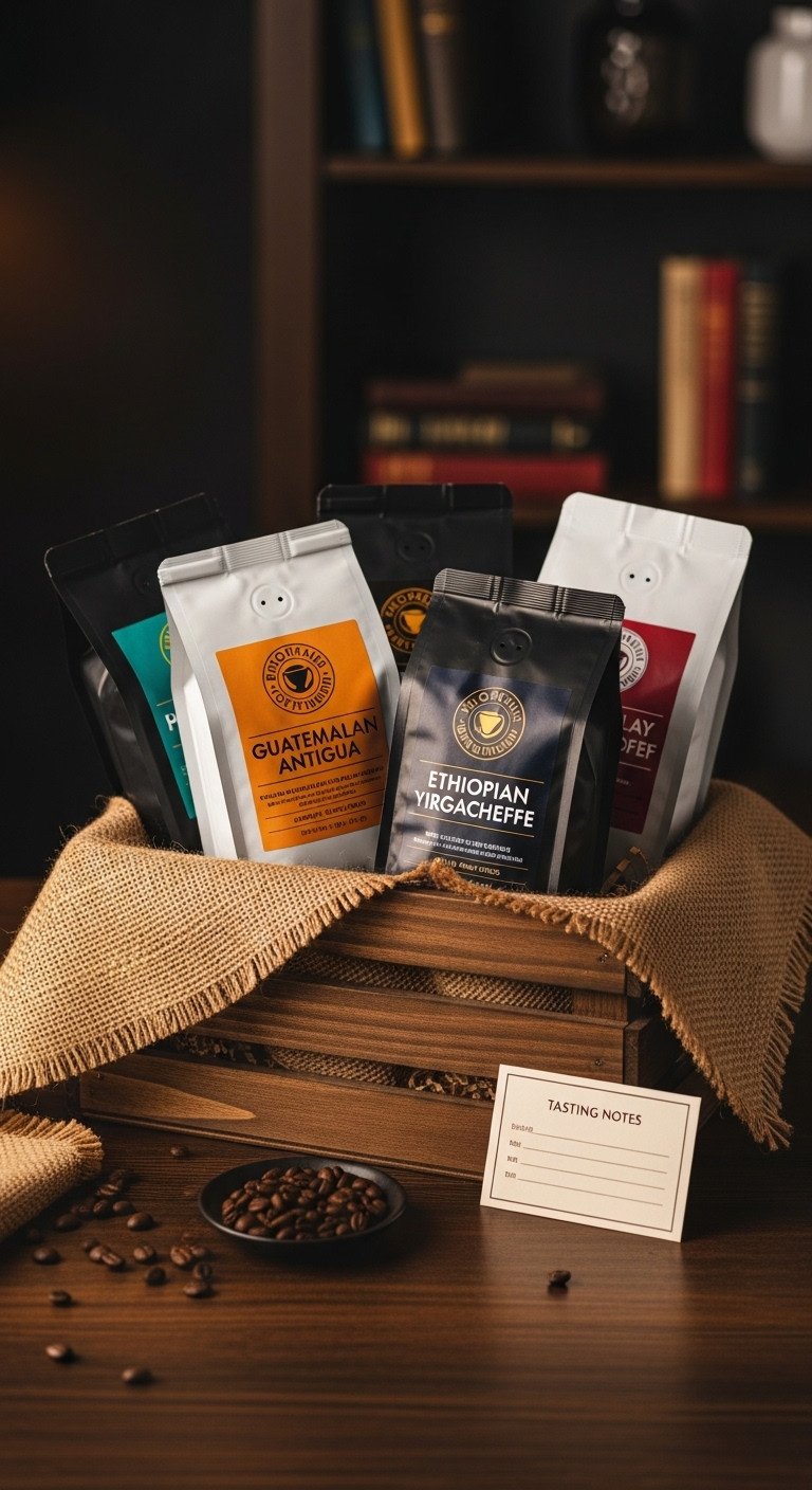 Gourmet connoisseur coffee gift basket for dad with single-origin coffee beans in a rustic wooden crate