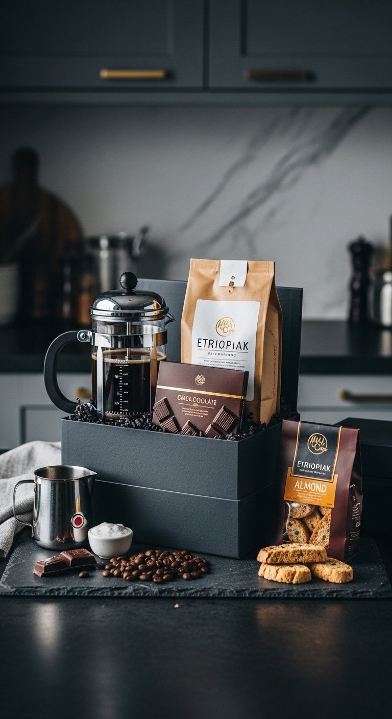 Gourmet connoisseur coffee gift basket with French press single origin beans and artisanal dark chocolate in dark gift box